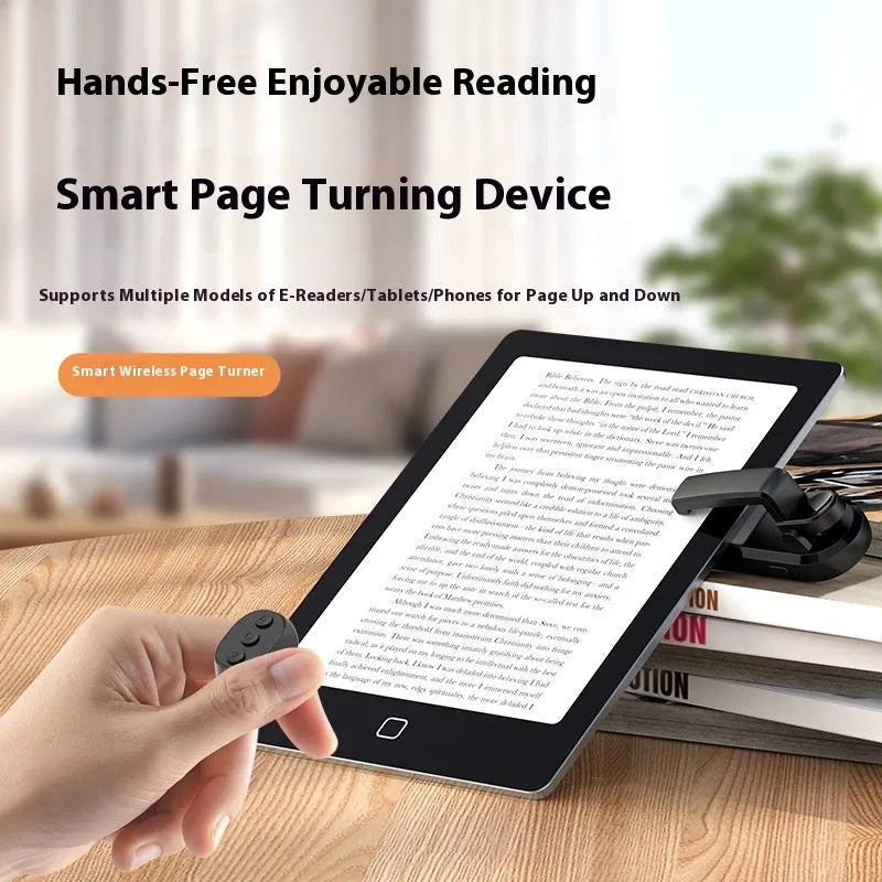 Wireless page turner remote control with clicker attachment in black, white, or pink colour.