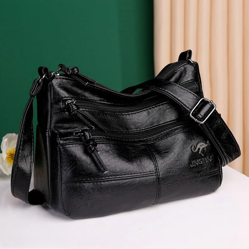 Soft PU leather textured crossbody shoulder bag 25x17x9cm black horizontal square daily bag