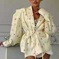 Women's collar lace-up waist-tight suit jacket in polyester floral print colours
