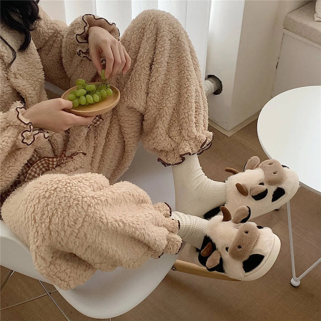 White cow animal slippers with plush faux fur and textured anti-slip soles