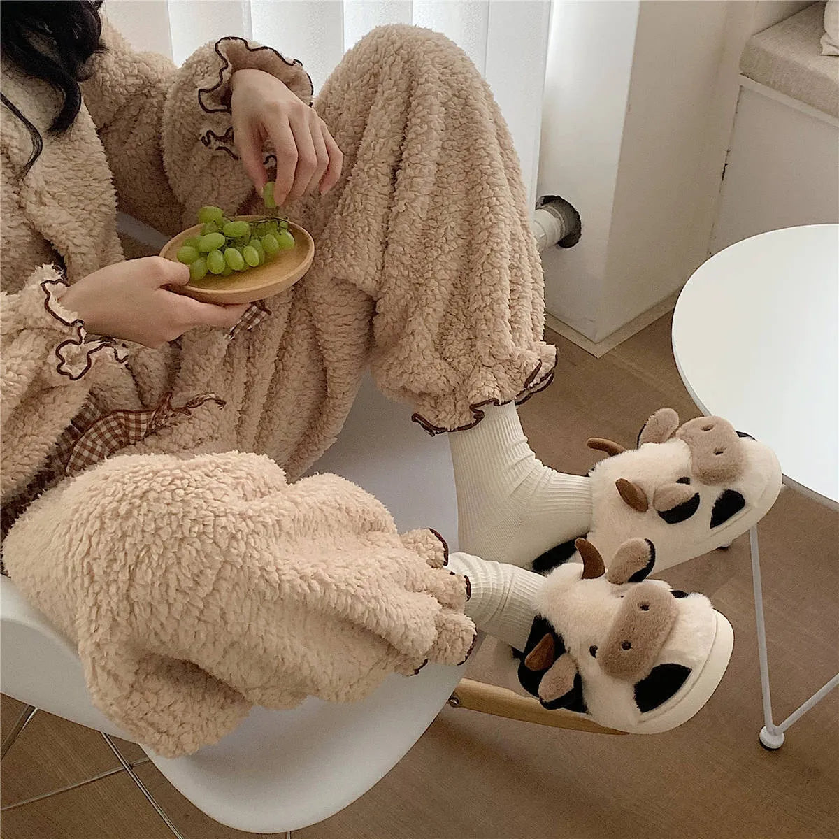 White cow animal slippers with plush faux fur and textured anti-slip soles