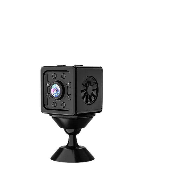 Black cubic K13 HD network sports camera with mounting bracket and data cable.