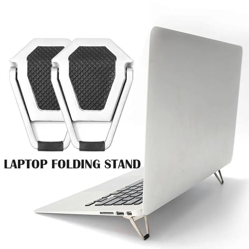 Folding aluminum alloy laptop bracket showing compact 4.8cm size with adhesive backing
