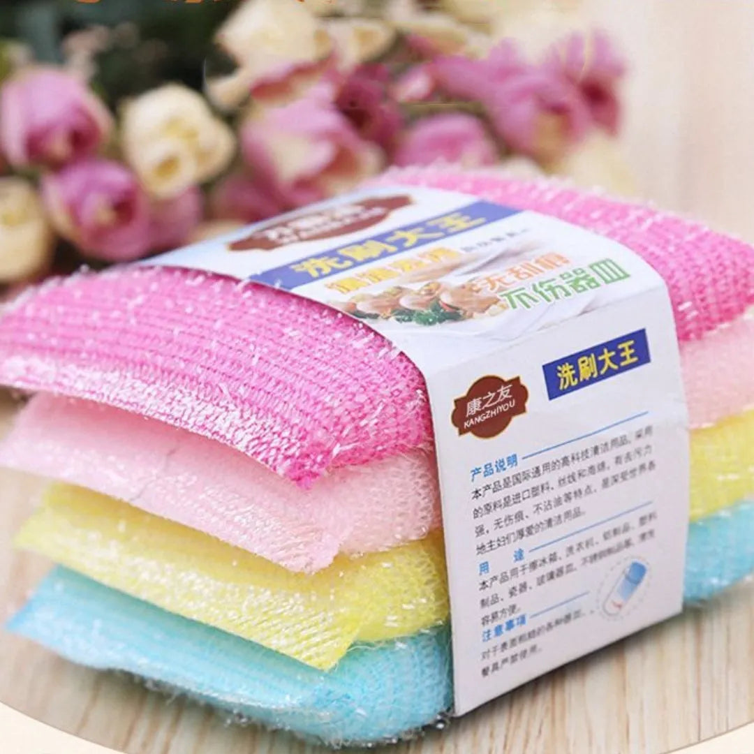 Pinstripe fabric dishwashing sponge mop in macaron colours shown on a kitchen counter.