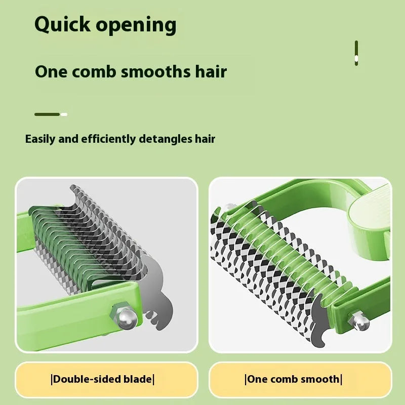 Green and grey dog unknotting combs showing large and small sizes with stainless steel pins.