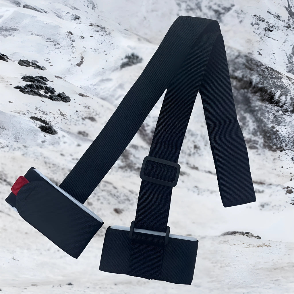 A black adjustable hook and loop strap for securing a skiing bandage to the shoulder during sled sports.