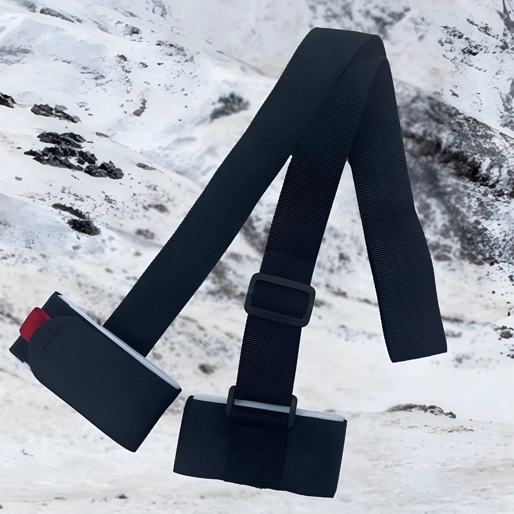 A black adjustable hook and loop strap for securing a skiing bandage to the shoulder during sled sports.