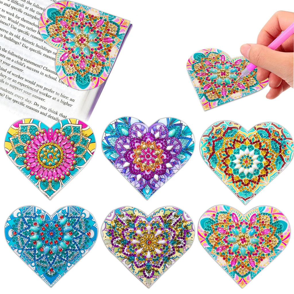 Handmade PU leather bookmark set with stick-on crystals, showing six bookmarks with modern frameless design.