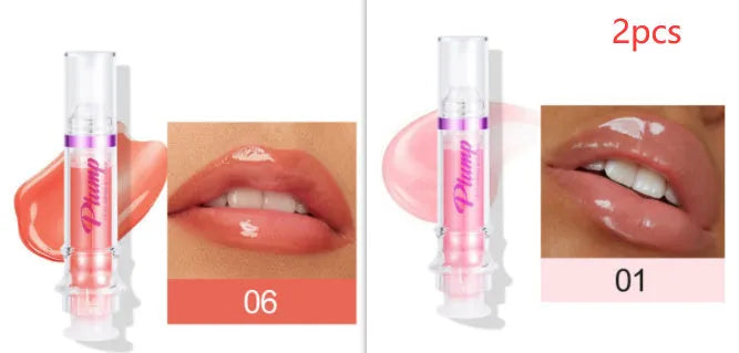 Lip gloss tube with mirror finish showing shiny application on lips