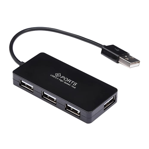 4-port USB 2.0 hub in black with switch and 14.5 cm cable, compact size 70×30×10 mm