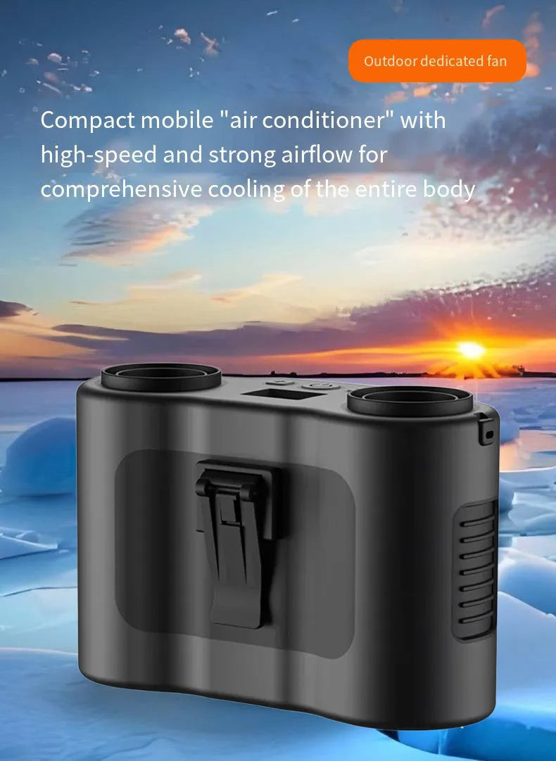 Black waist-hung portable personal fan with neck lanyard, shown in hand-held and hanging modes.