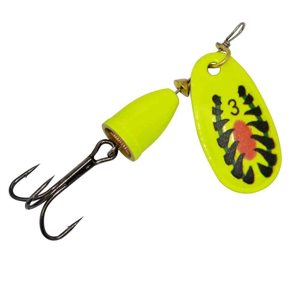 R composite metal fishing lure with a rotating sequin and copper bell in various metallic colours.
