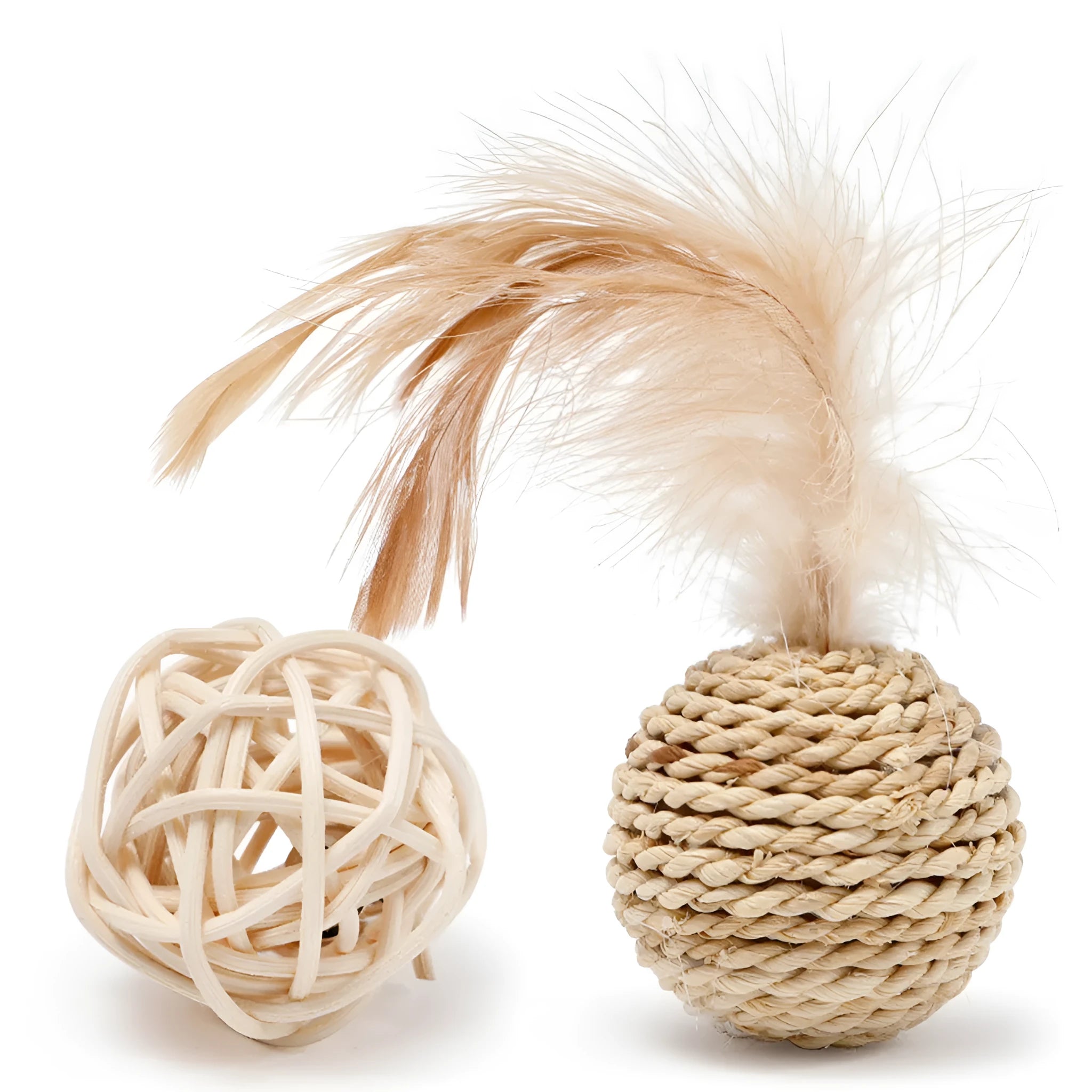 Two cat toys: a brown woven rattan ball and a multicoloured faux feather ball with a bell on a white background.