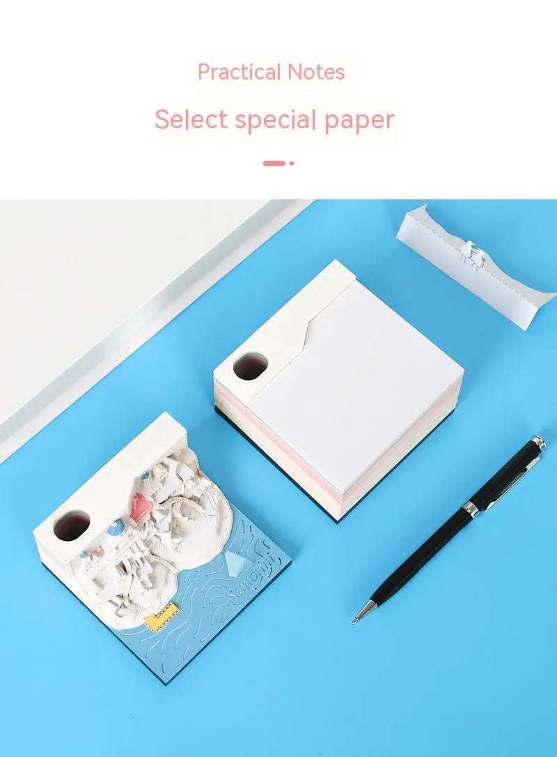 Santorini beach 3D paper carving notepad measuring 9x9x5 cm