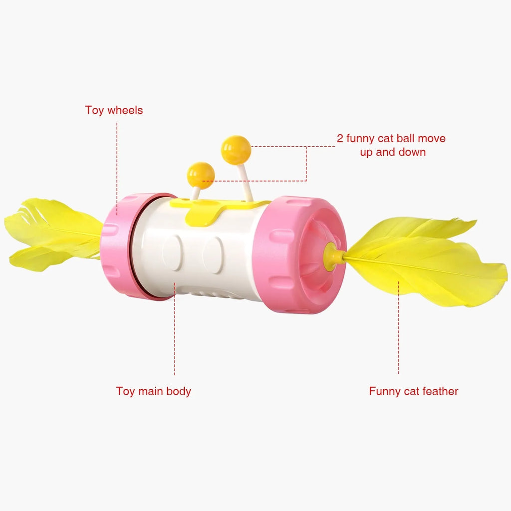 Cat toy stick pole with colourful tumbler feather ball dangling from nylon string