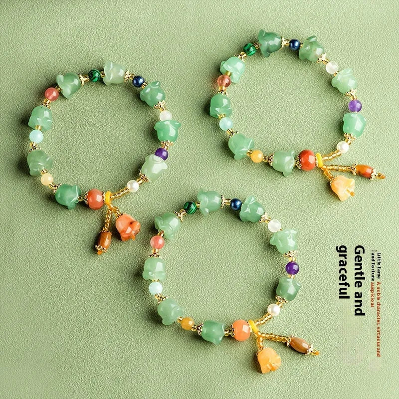 Carved natural Xinjiang Jinsi Jade bracelet with orchid beads in aventurine orchid colour, for wrists 14-18cm.