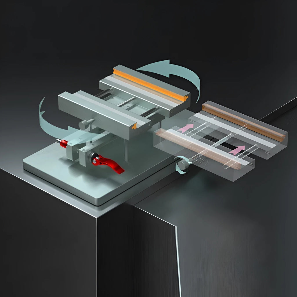 Mobile phone repair fixture with adjustable sides, silicone grips, and a included demolition crowbar tool on a workbench.