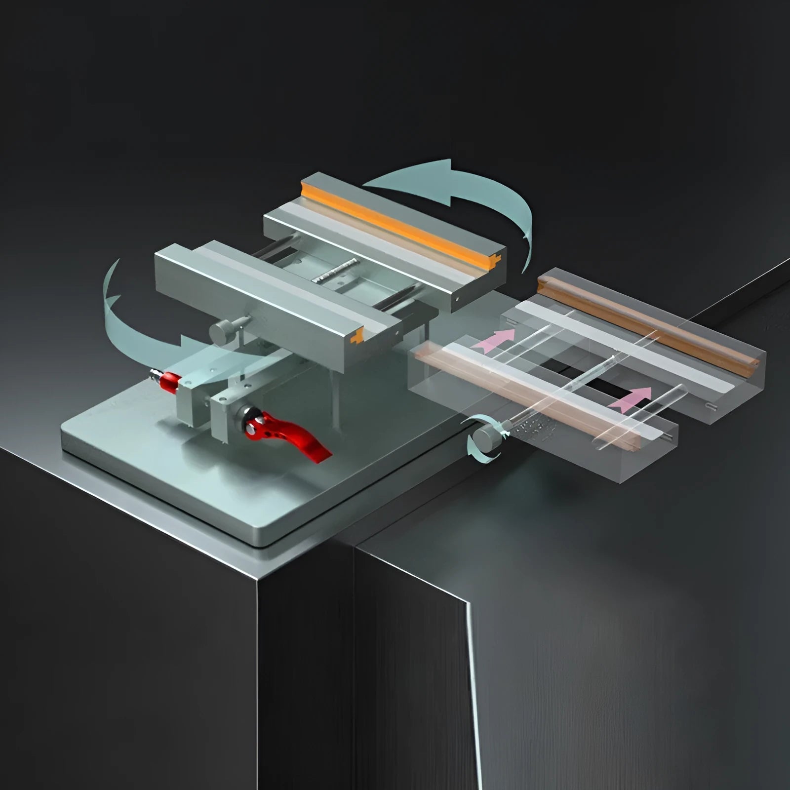 Mobile phone repair fixture with adjustable sides, silicone grips, and a included demolition crowbar tool on a workbench.