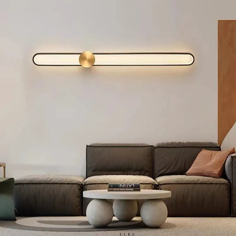 Round minimalist wall lamp with 60cm diameter iron frame and warm LED light in black finish
