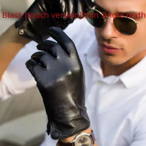 Black touch leather motorcycle driving gloves on a surface, size S to XXL available, unlined single-layer design