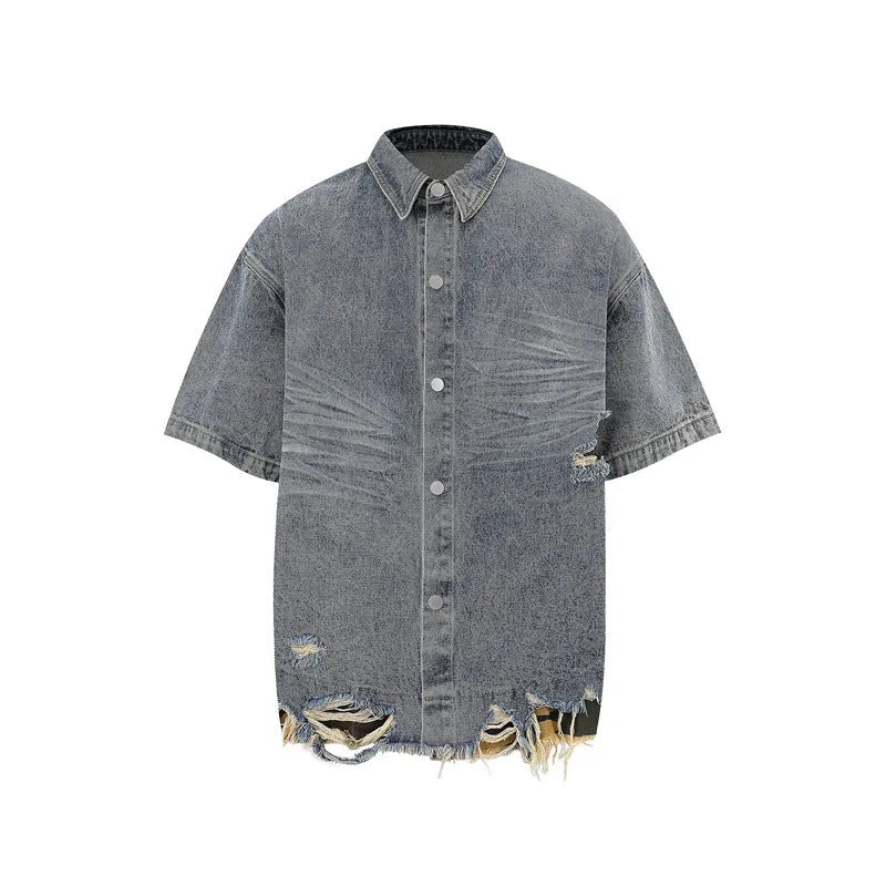 Women's leopard print denim short sleeve top and matching shorts with cut edge stitching.