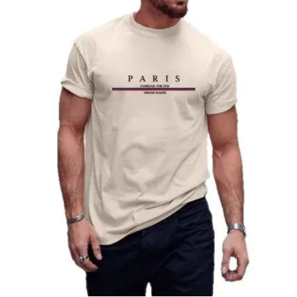 Men's casual white cotton t-shirt with black letter print, loose fit, short sleeves.