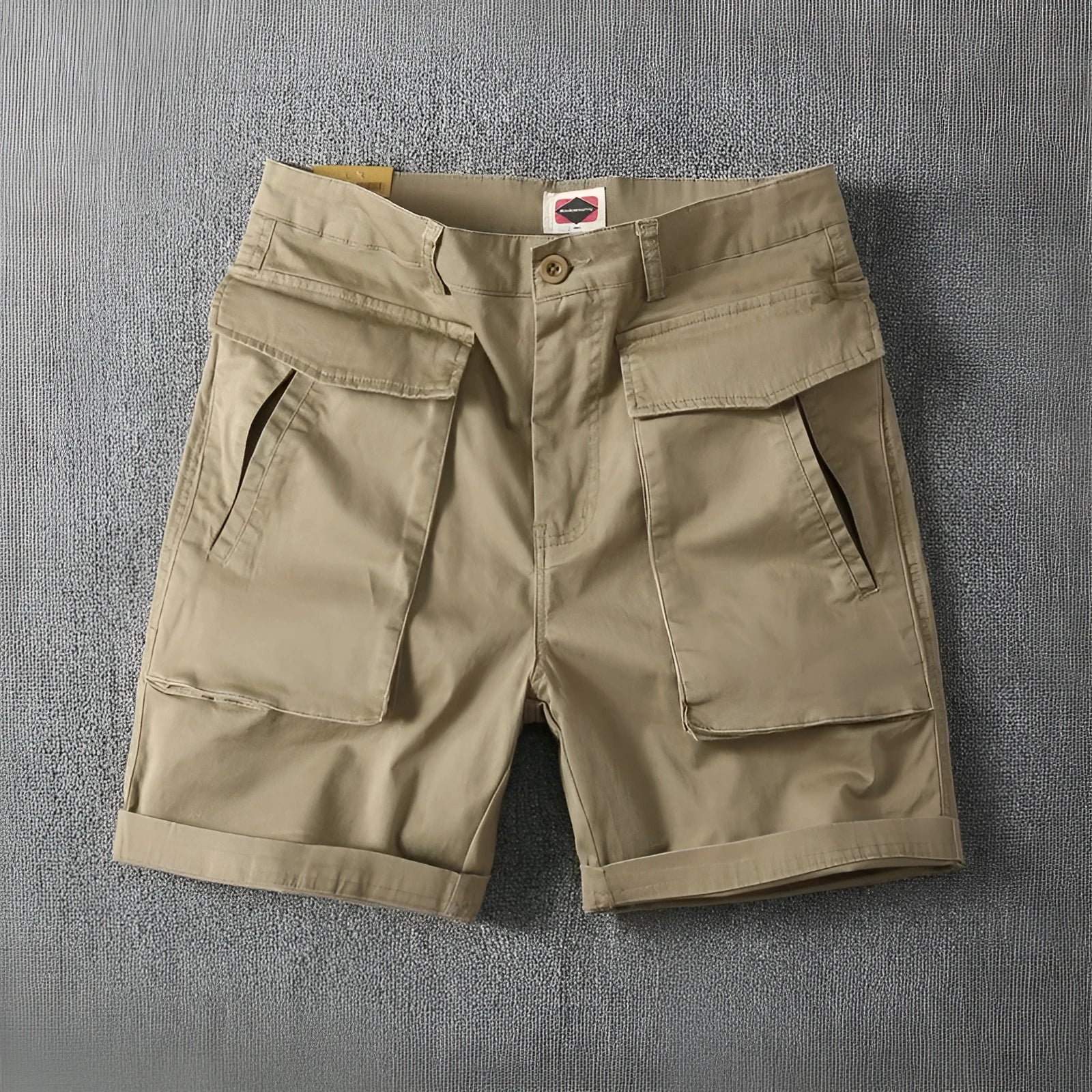 Men's straight-leg cotton cargo shorts with stretch in multiple colour options on a size chart.