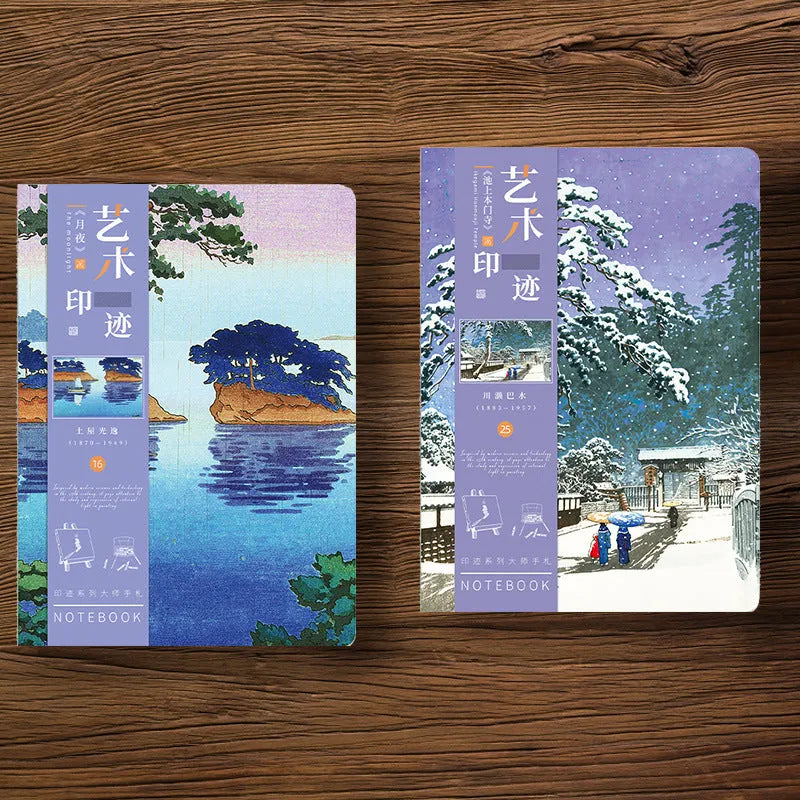 Ukiyo-e art hand ledger notebook open showing retro Japanese wave print cover and lined Daolin paper pages.