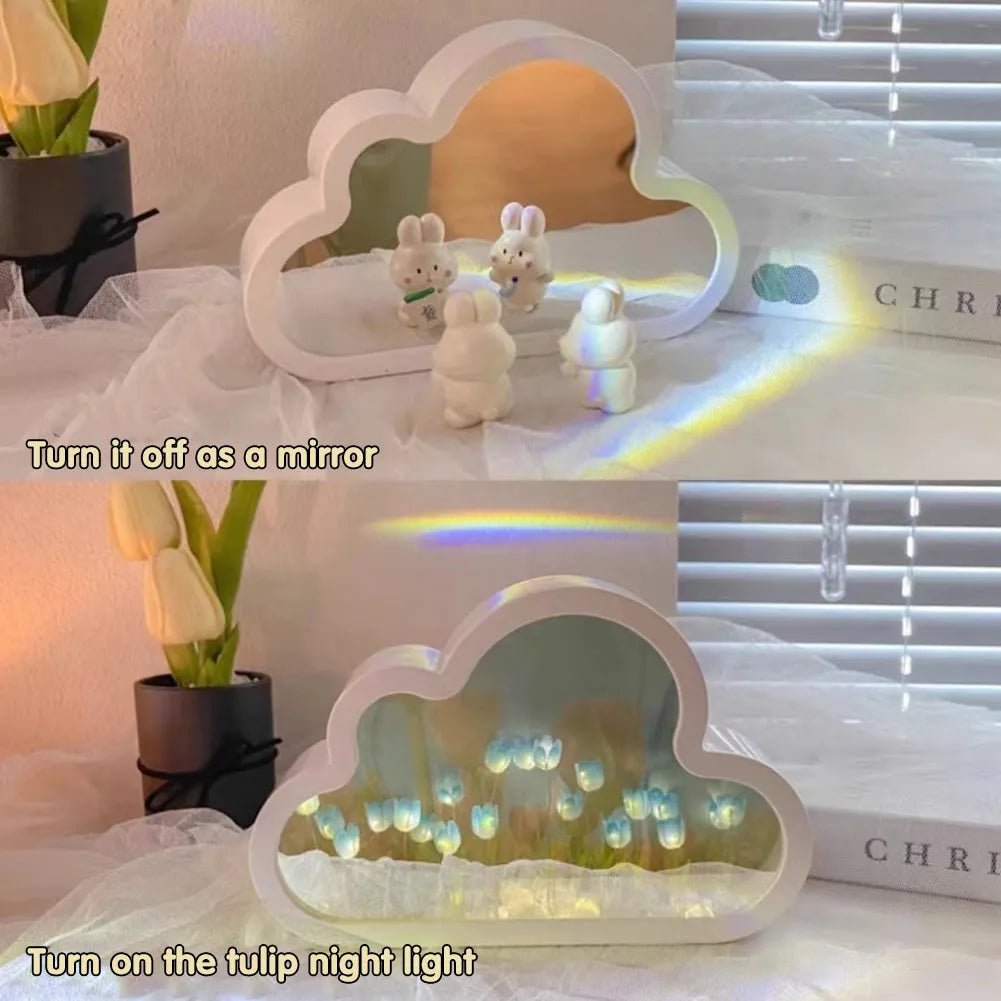 Tulip-shaped LED night lamp with decorative mirror photo frame in multiple colour options