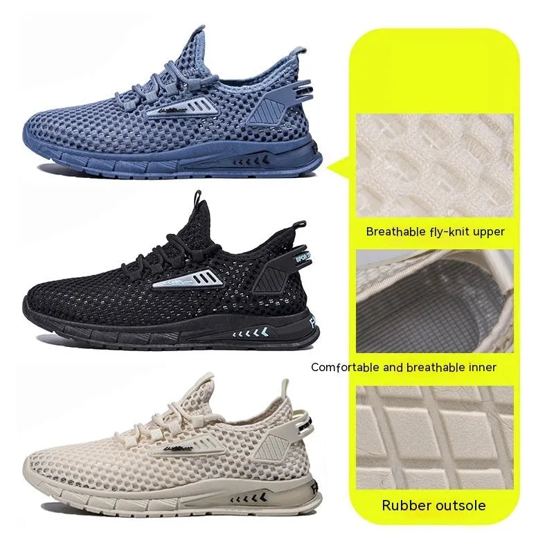 Men's beige mesh sneakers with lace-up design and low EVA sole