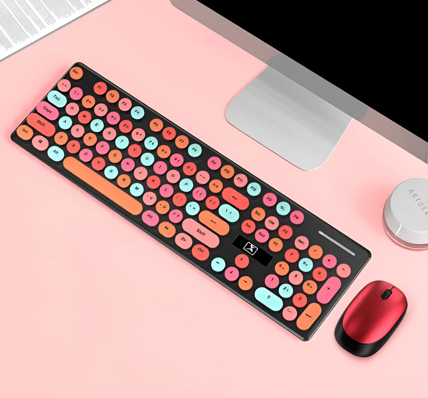 Vibrant Yellow wireless keyboard and mouse set on a desk with a 1.6 metre USB cable.