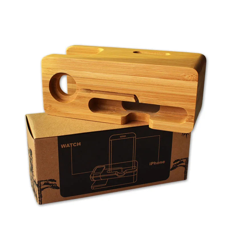 Bamboo phone and watch stand with carved design measuring 149mm wide