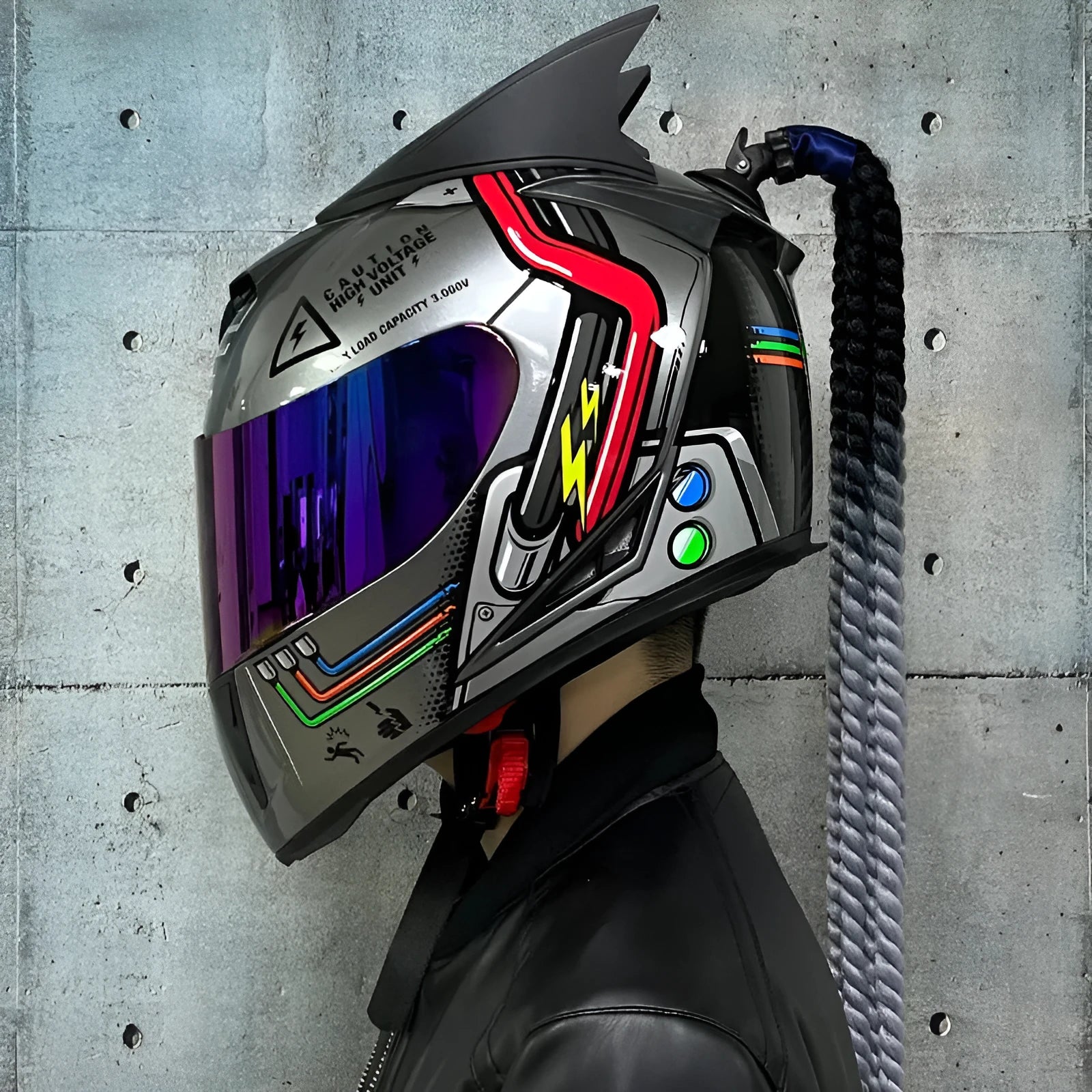Dirty Braids full-face motorcycle helmet with graphic design options on an ABS shell.