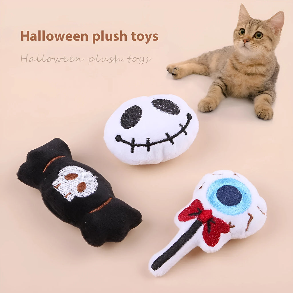 Colourful plush cat teaser toy with flexible wand showing candy and eyes designs