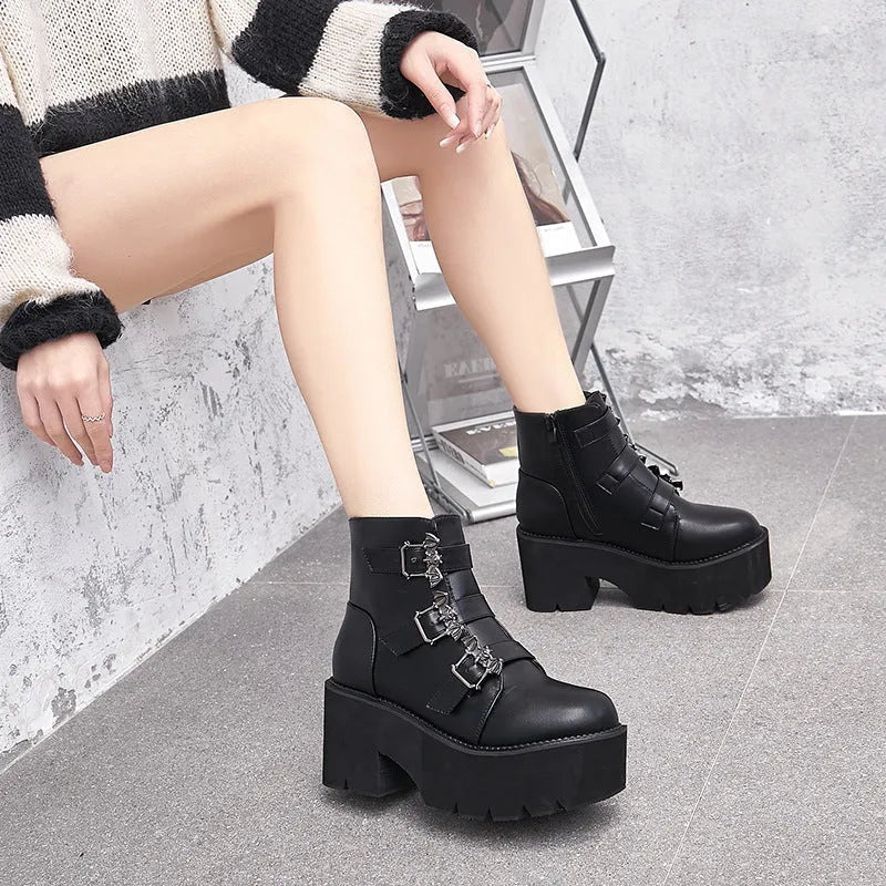 Black women's punk gothic short boots with bat buckle and side zipper on thick heel.