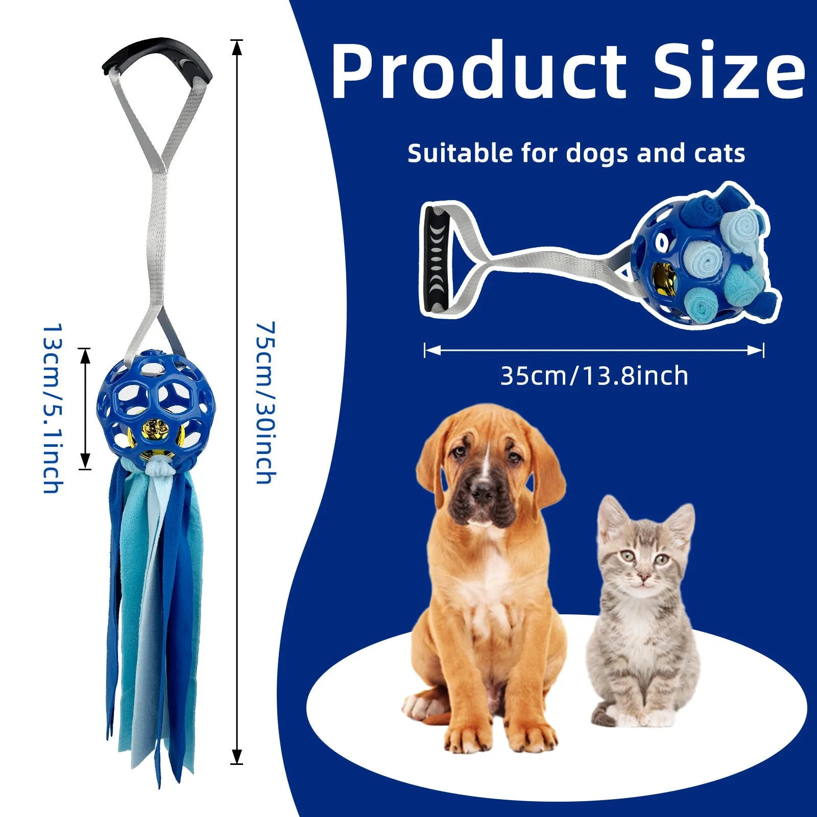 TPR hollow interactive toy ball with sound bell for dogs and cats in assorted colours.
