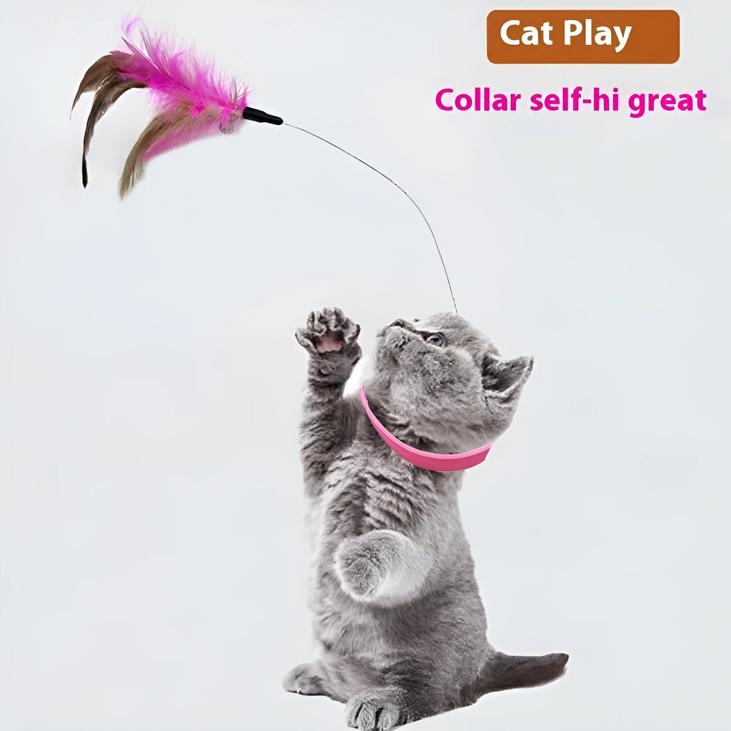 Collar-mounted cat toy with steel wire teaser, feather and bell elements, adjustable plastic collar for 17-27cm neck cats