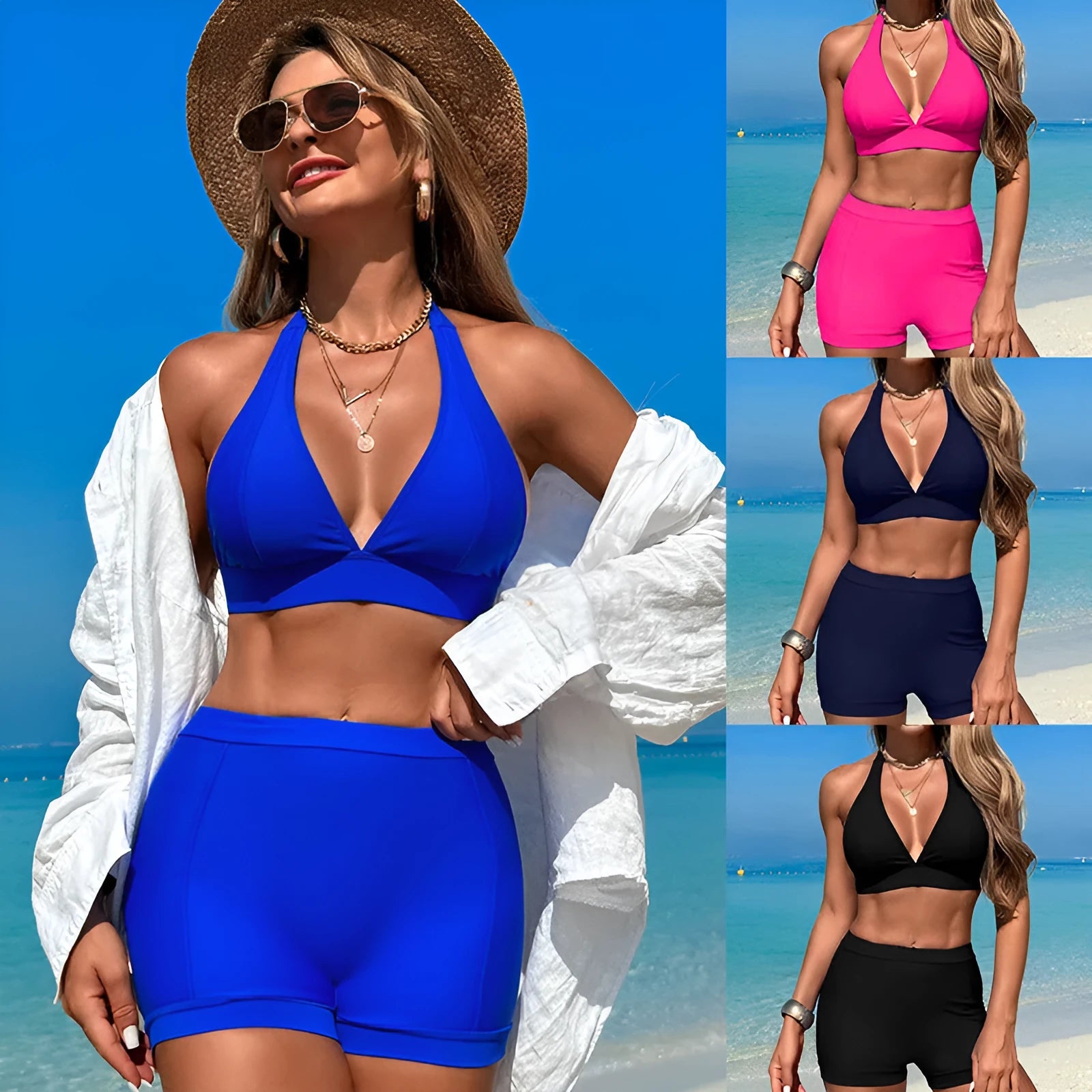Women's black bikini swimsuit laid flat, showing the two-piece sleeveless design.