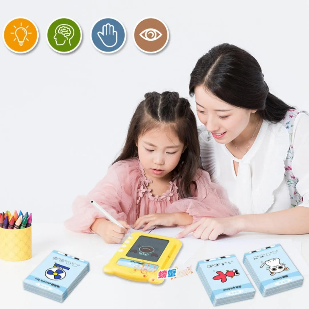 Yellow bilingual early learning machine with educational cards for children's language development