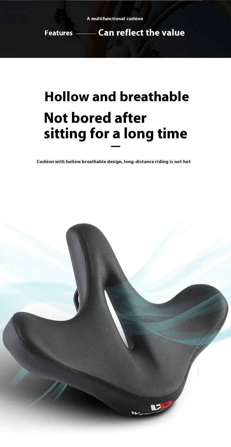 Black leather bicycle saddle cushion with thick polyurethane foam padding.