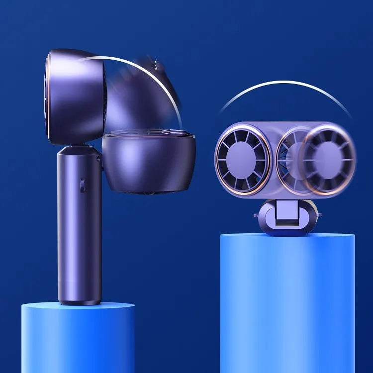 Dark blue handheld mini fan with a digital display screen and a folded neck loop.