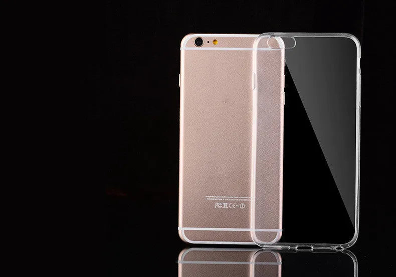 Transparent soft TPU mobile phone case for Apple iPhone on a white background.