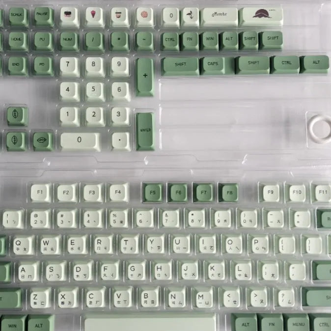 124-key Matcha green PBT keycap set for a mechanical keyboard, showing multiple language layout options.