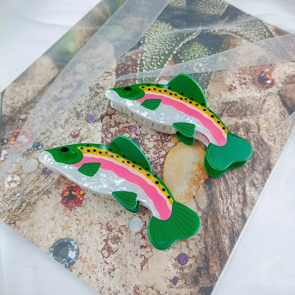 Dark green PVC hair clip with printed rainbow trout and carp design