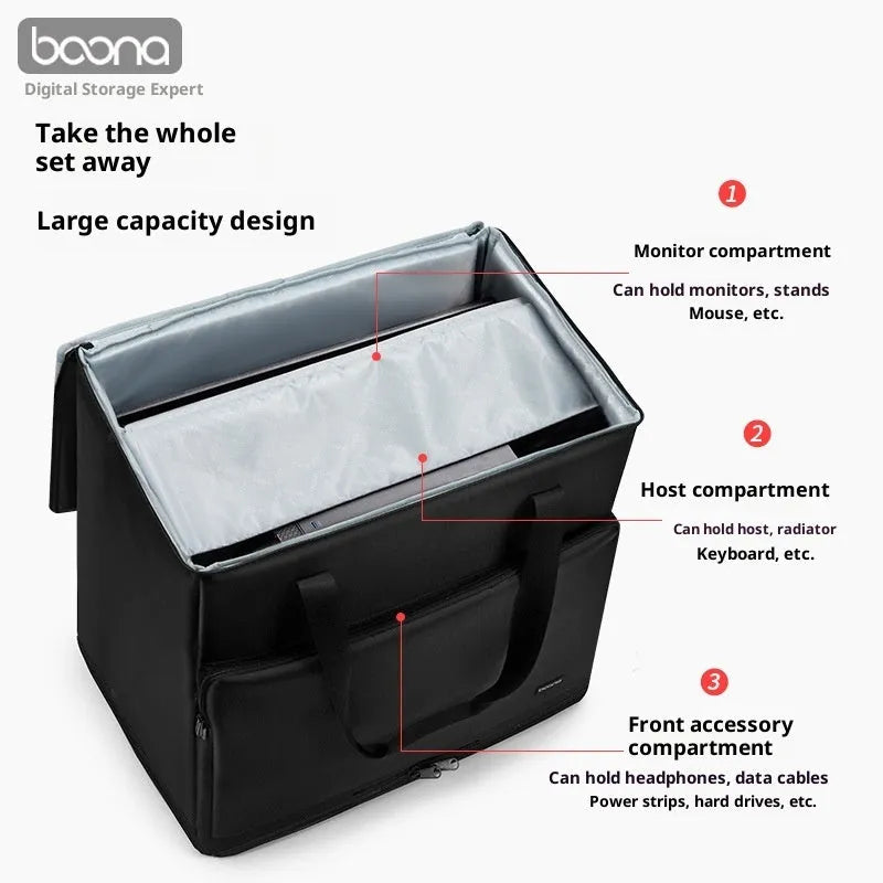 Black Oxford cloth desktop computer host storage bag holding a PC tower and 27-inch display