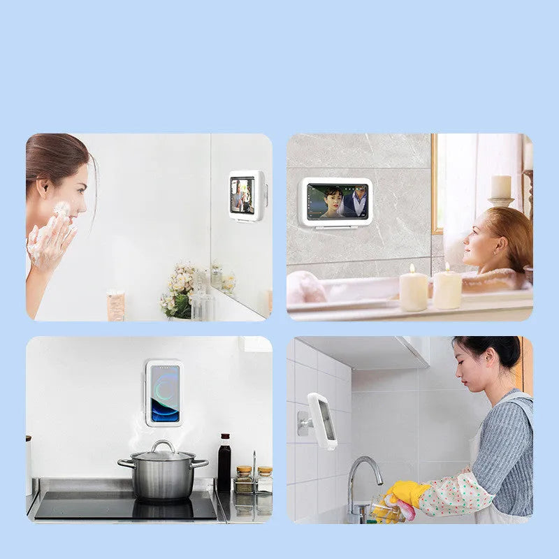Waterproof phone holder mounted on bathroom tile with phone visible through anti-fog window