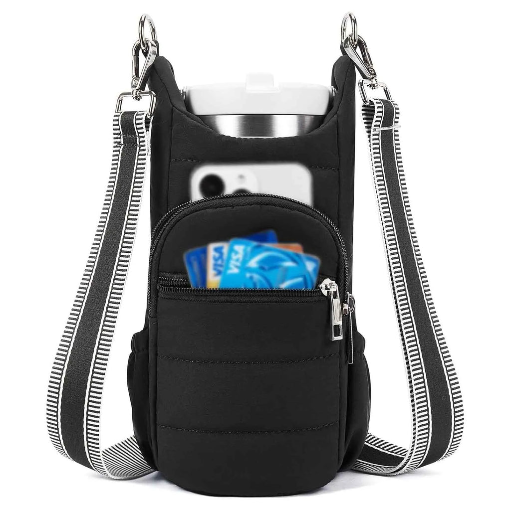 Cloth bicycle water bottle bag in beige, black, or pink colour on a bike frame.