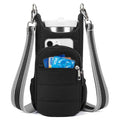 Cloth bicycle water bottle bag in beige, black, or pink colour on a bike frame.