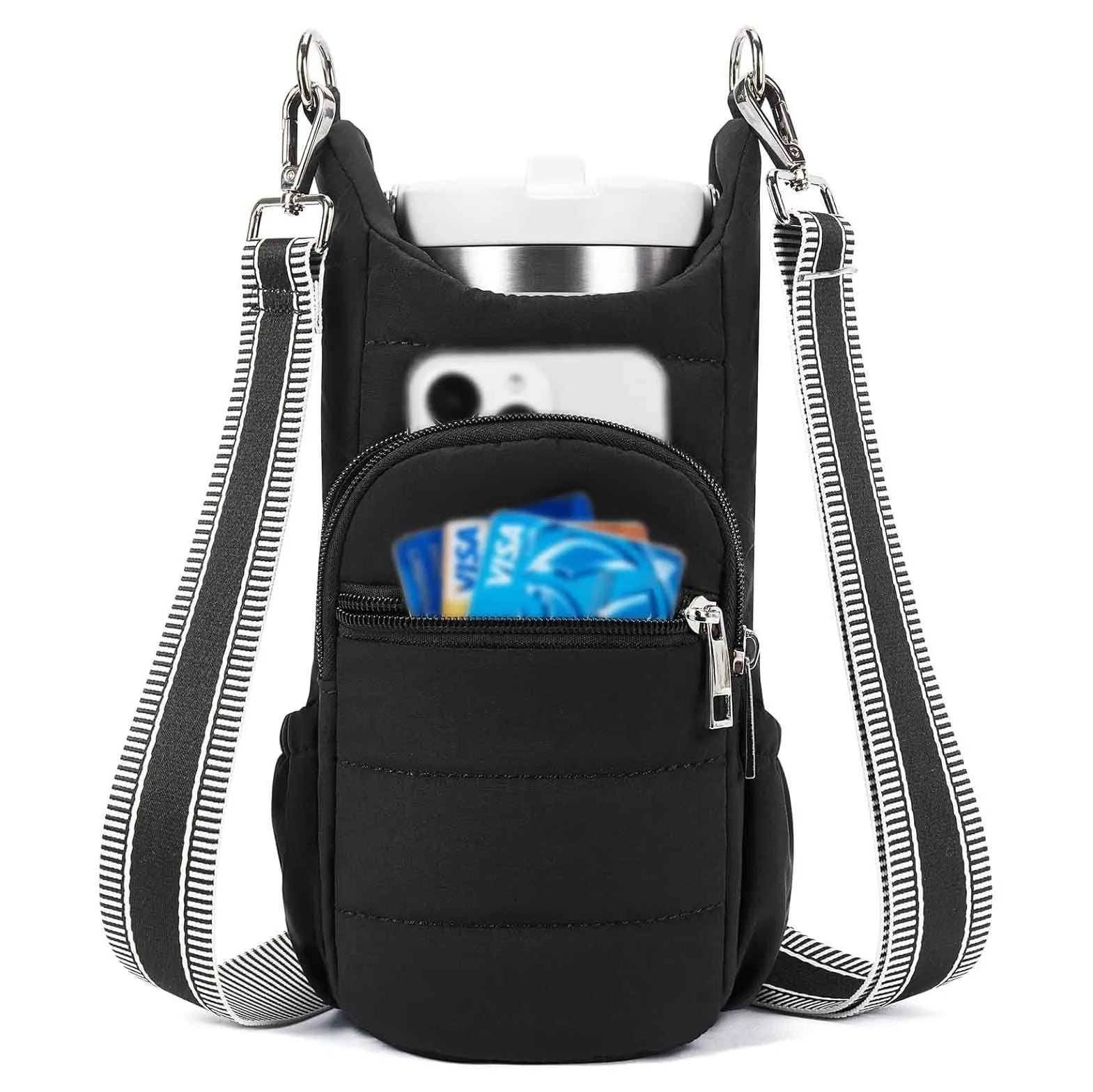 Cloth bicycle water bottle bag in beige, black, or pink colour on a bike frame.