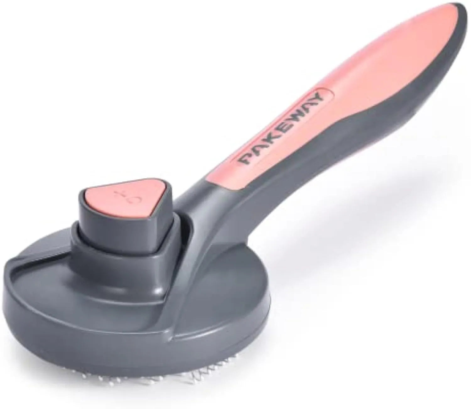 Grey self-cleaning slicker brush for pet grooming with one-click button and comfort-grip handle
